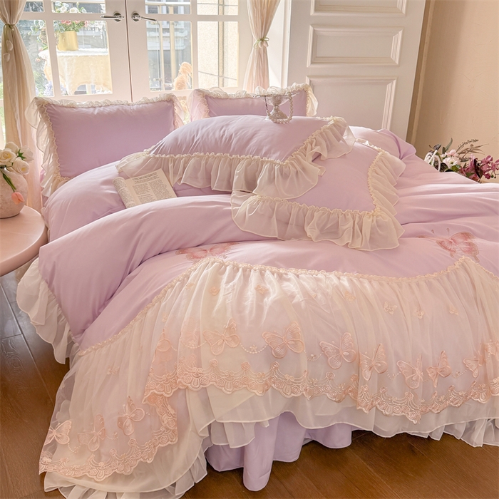 91家纺网 家纺一手货源 找家纺 富盛家纺 2026新款水洗亲肤棉雪纺蕾丝刺绣公主风韩版四件套-迷迭香 迷迭香—紫