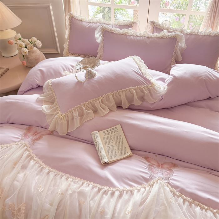 91家纺网 家纺一手货源 找家纺 富盛家纺 2026新款水洗亲肤棉雪纺蕾丝刺绣公主风韩版四件套-迷迭香 迷迭香—紫