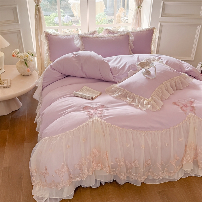 91家纺网 家纺一手货源 找家纺 富盛家纺 2026新款水洗亲肤棉雪纺蕾丝刺绣公主风韩版四件套-迷迭香 迷迭香—紫