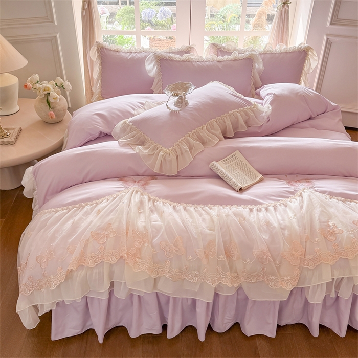 91家纺网 家纺一手货源 找家纺 富盛家纺 2026新款水洗亲肤棉雪纺蕾丝刺绣公主风韩版四件套-迷迭香 迷迭香—紫