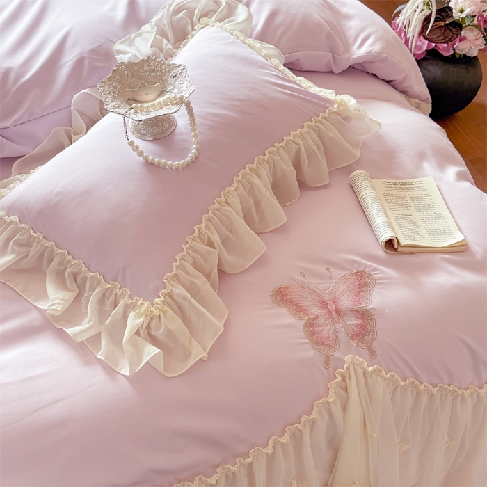 91家纺网 家纺一手货源 找家纺 富盛家纺 2026新款水洗亲肤棉雪纺蕾丝刺绣公主风韩版四件套-迷迭香 迷迭香—紫