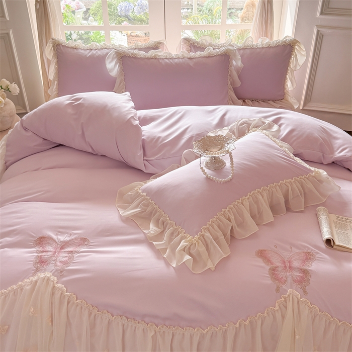 91家纺网 家纺一手货源 找家纺 富盛家纺 2026新款水洗亲肤棉雪纺蕾丝刺绣公主风韩版四件套-迷迭香 迷迭香—紫