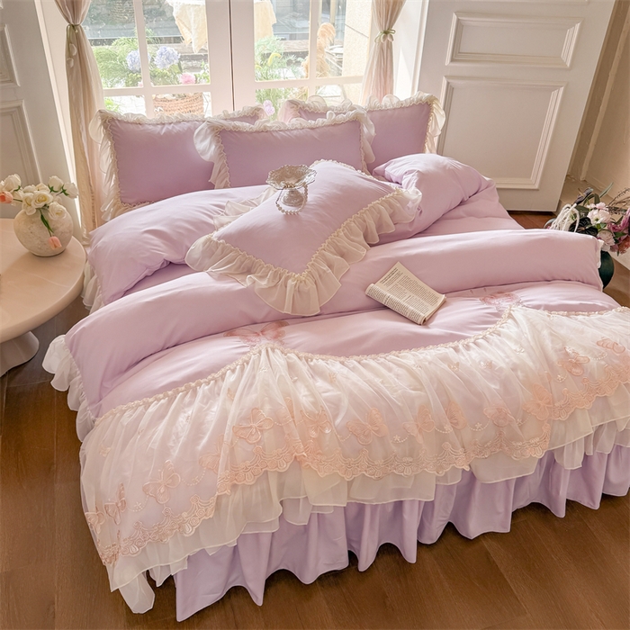 91家纺网 家纺一手货源 找家纺 富盛家纺 2026新款水洗亲肤棉雪纺蕾丝刺绣公主风韩版四件套-迷迭香 迷迭香—紫