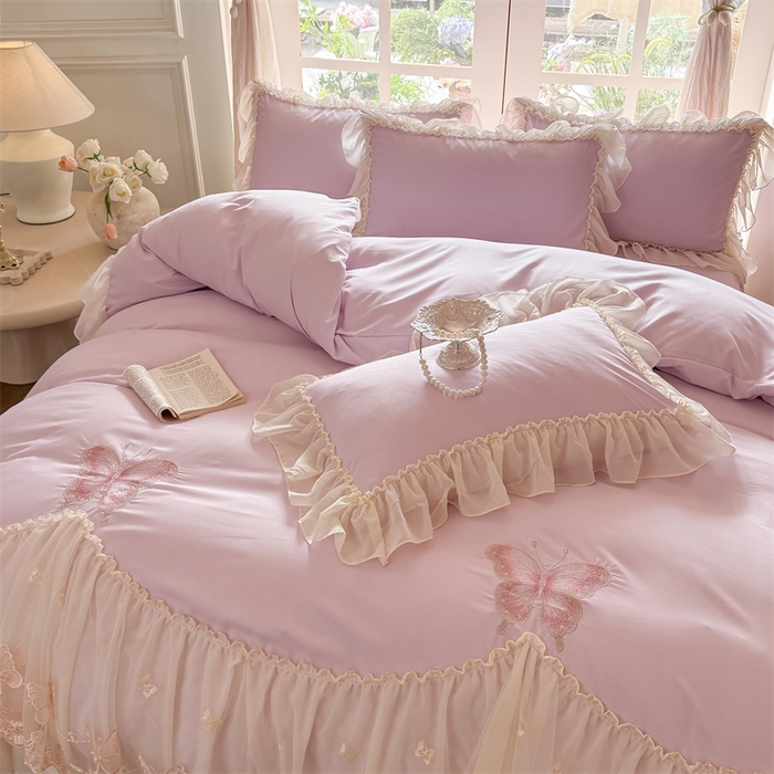 91家纺网 家纺一手货源 找家纺 富盛家纺 2026新款水洗亲肤棉雪纺蕾丝刺绣公主风韩版四件套-迷迭香 迷迭香—紫