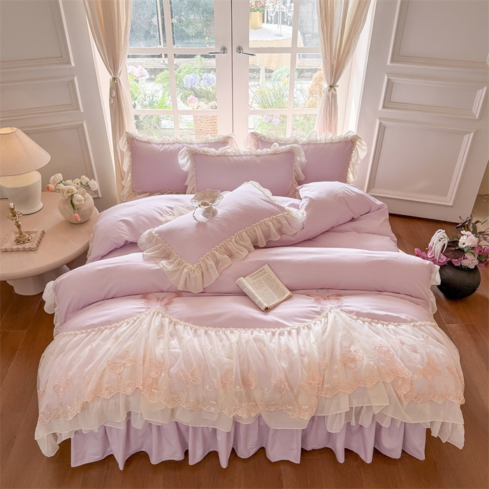 91家纺网 家纺一手货源 找家纺 富盛家纺 2026新款水洗亲肤棉雪纺蕾丝刺绣公主风韩版四件套-迷迭香 迷迭香—紫