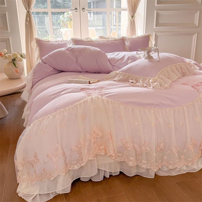 91家纺网 家纺一手货源 找家纺 富盛家纺 2026新款水洗亲肤棉雪纺蕾丝刺绣公主风韩版四件套-迷迭香 迷迭香—紫