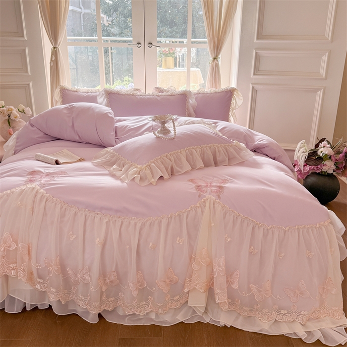 91家纺网 家纺一手货源 找家纺 富盛家纺 2026新款水洗亲肤棉雪纺蕾丝刺绣公主风韩版四件套-迷迭香 迷迭香—紫