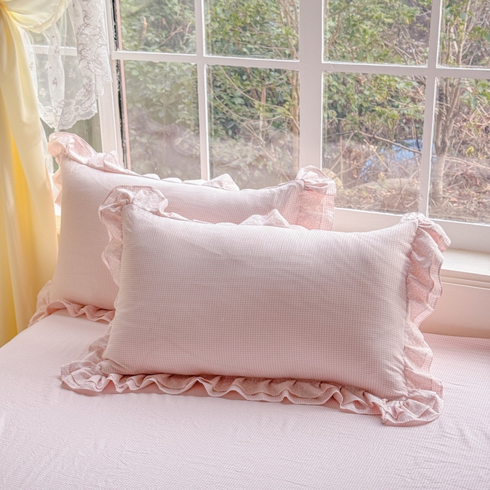 91家纺网 家纺一手货源 找家纺 赛丽雅 2026年新款直播爆款双层花边拼接蝴蝶结工艺款四件套床上用品 南法假日-桃粉