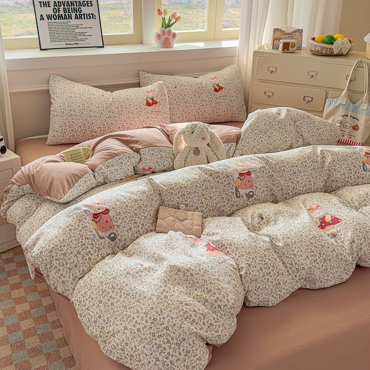 91家纺网 家纺一手货源 找家纺 洁柔供应链 2026新款A类古法糯小棉四件套 花枝嫣然