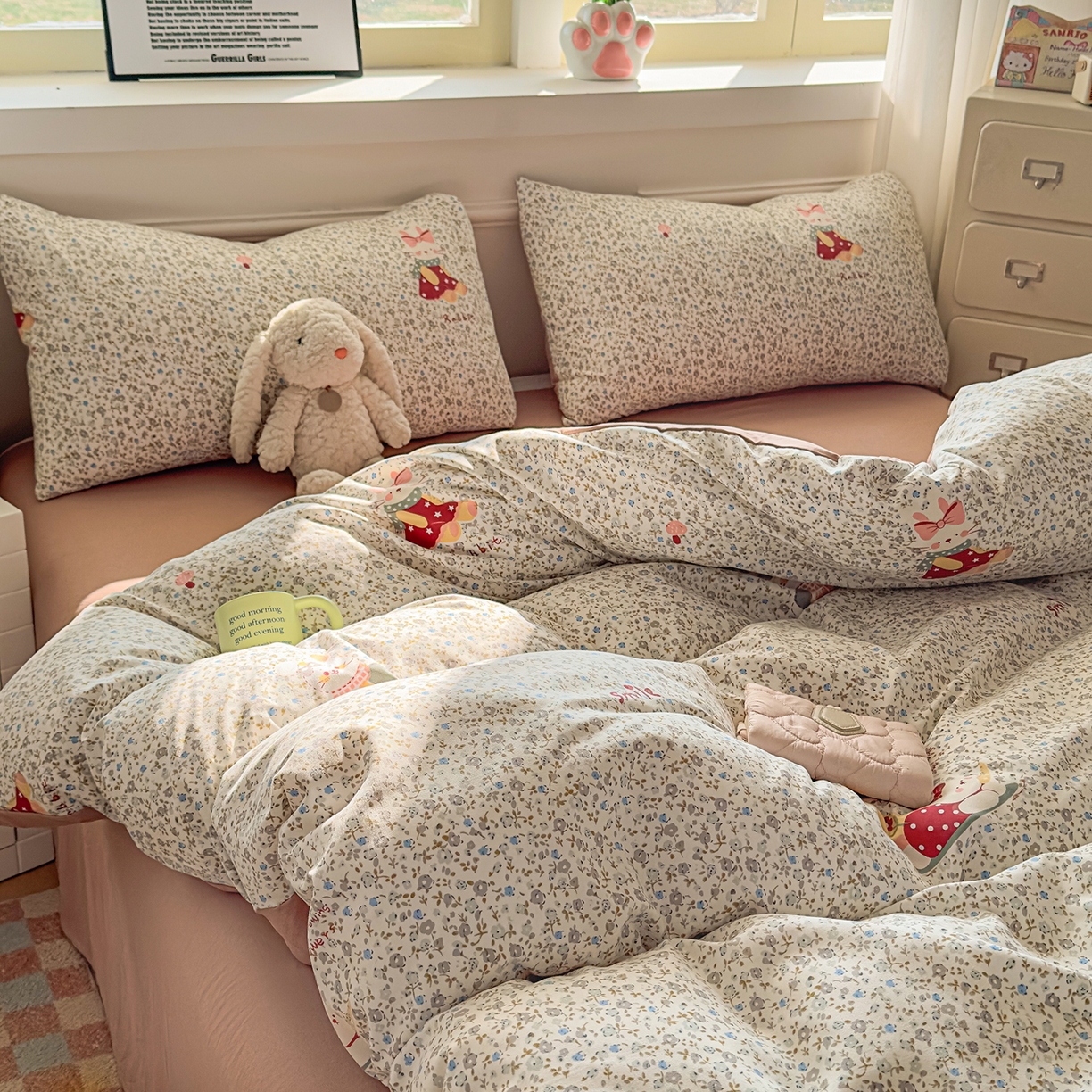 91家纺网 家纺一手货源 找家纺 洁柔供应链 2026新款A类古法糯小棉四件套 花枝嫣然