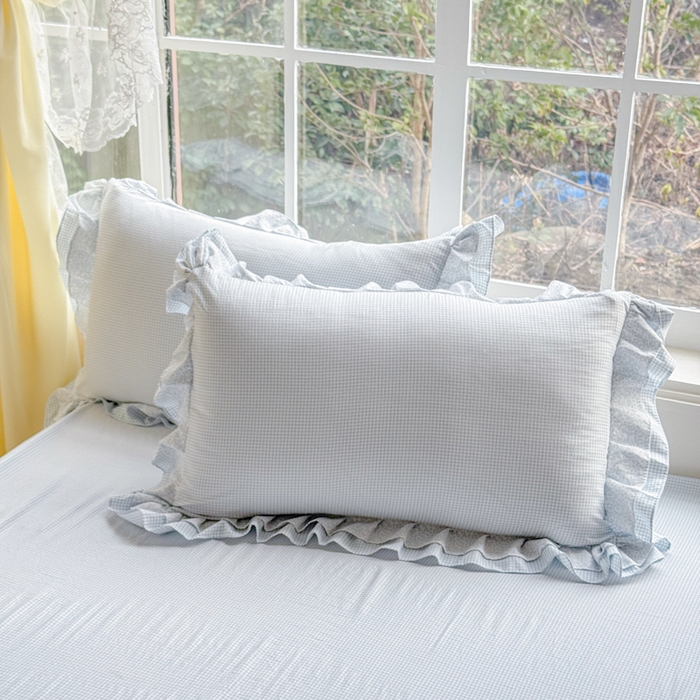 91家纺网 家纺一手货源 找家纺 赛丽雅 2026年新款直播爆款双层花边拼接蝴蝶结工艺款四件套床上用品 南法假日-天空蓝