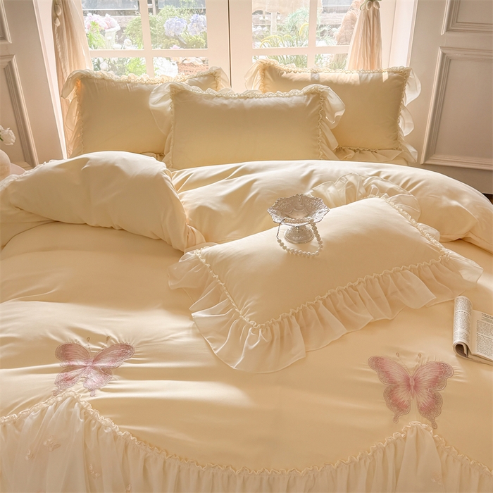 91家纺网 家纺一手货源 找家纺 富盛家纺 2026新款水洗亲肤棉雪纺蕾丝刺绣公主风韩版四件套-迷迭香 迷迭香—黄