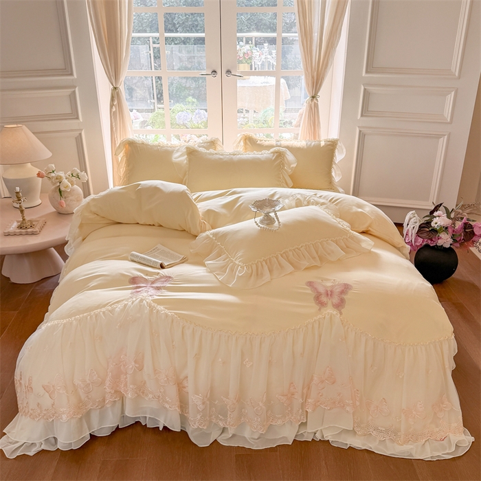 富盛家纺 2026新款水洗亲肤棉雪纺蕾丝刺绣公主风韩版四件套-迷迭香 迷迭香—黄