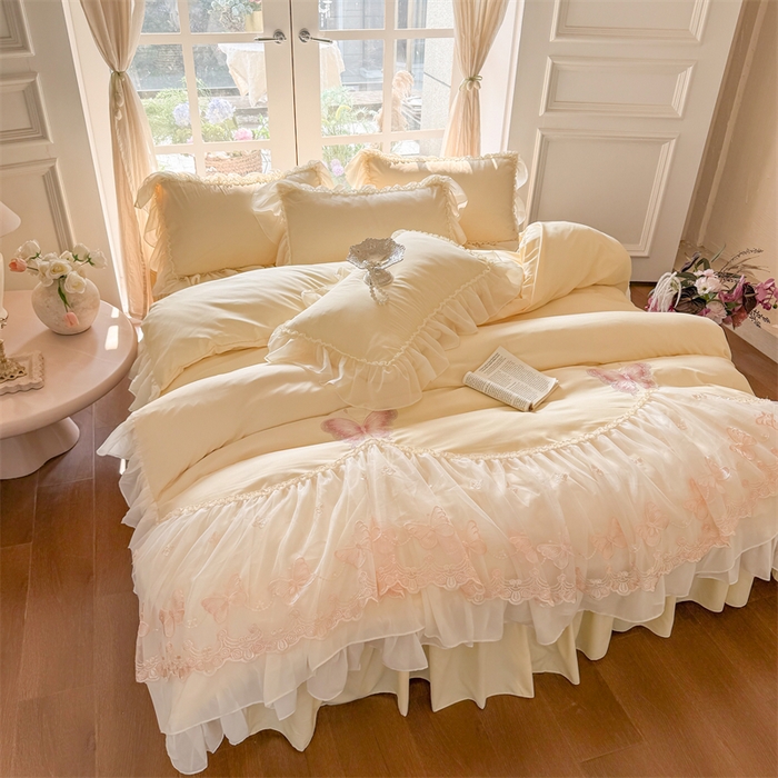 91家纺网 家纺一手货源 找家纺 富盛家纺 2026新款水洗亲肤棉雪纺蕾丝刺绣公主风韩版四件套-迷迭香 迷迭香—黄