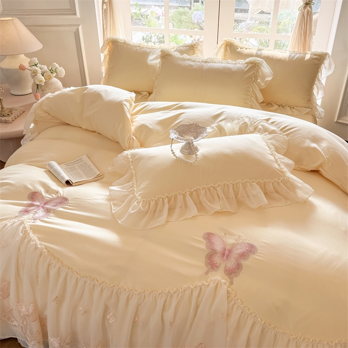 91家纺网 家纺一手货源 找家纺 富盛家纺 2026新款水洗亲肤棉雪纺蕾丝刺绣公主风韩版四件套-迷迭香 迷迭香—黄