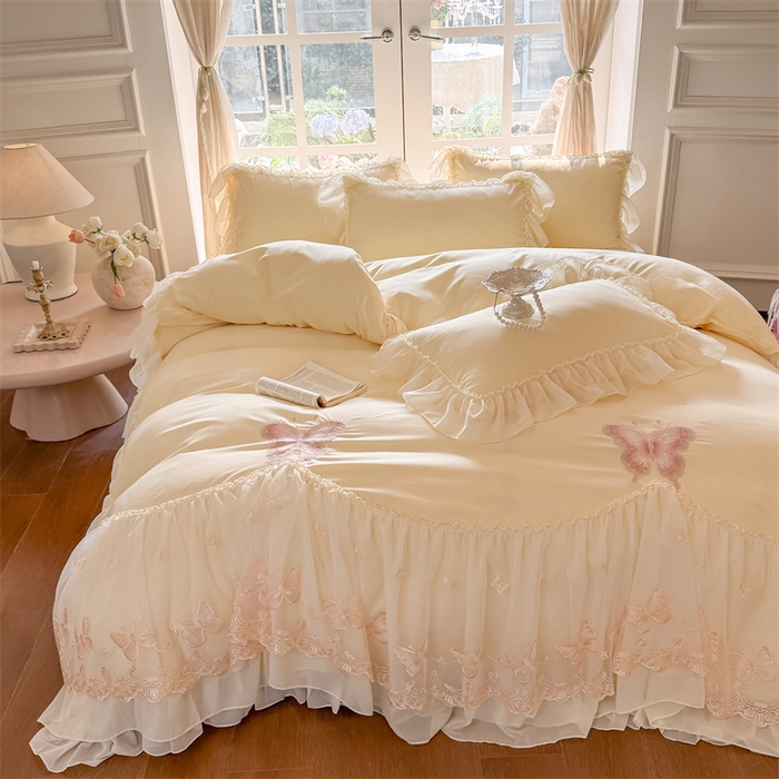 91家纺网 家纺一手货源 找家纺 富盛家纺 2026新款水洗亲肤棉雪纺蕾丝刺绣公主风韩版四件套-迷迭香 迷迭香—黄