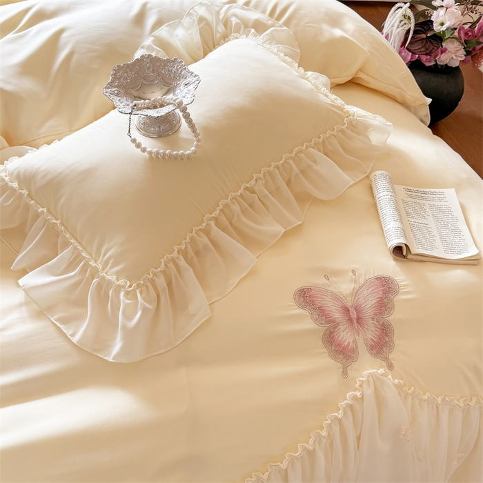 91家纺网 家纺一手货源 找家纺 富盛家纺 2026新款水洗亲肤棉雪纺蕾丝刺绣公主风韩版四件套-迷迭香 迷迭香—黄