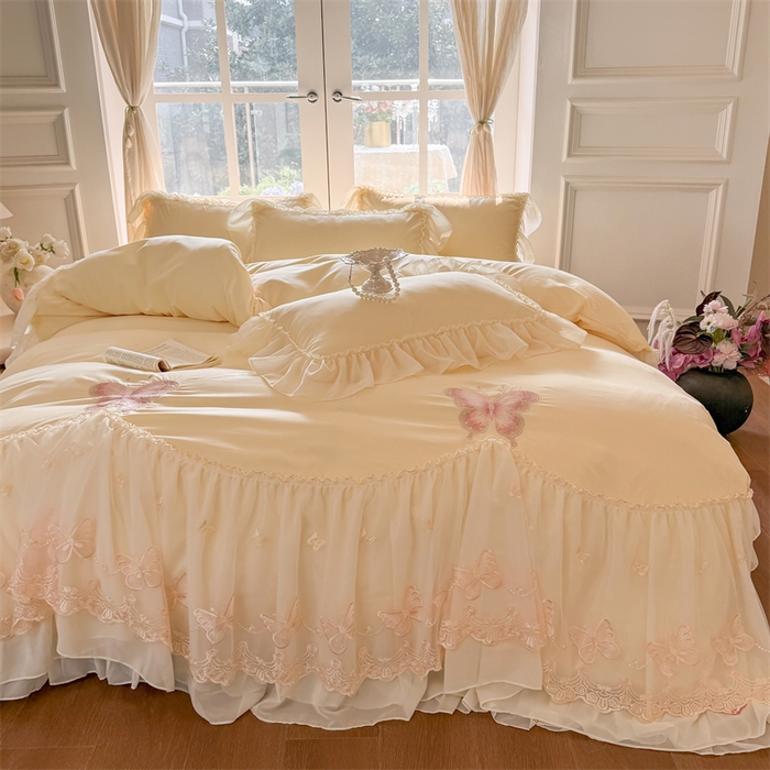 91家纺网 家纺一手货源 找家纺 富盛家纺 2026新款水洗亲肤棉雪纺蕾丝刺绣公主风韩版四件套-迷迭香 迷迭香—黄