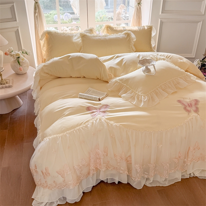 91家纺网 家纺一手货源 找家纺 富盛家纺 2026新款水洗亲肤棉雪纺蕾丝刺绣公主风韩版四件套-迷迭香 迷迭香—黄