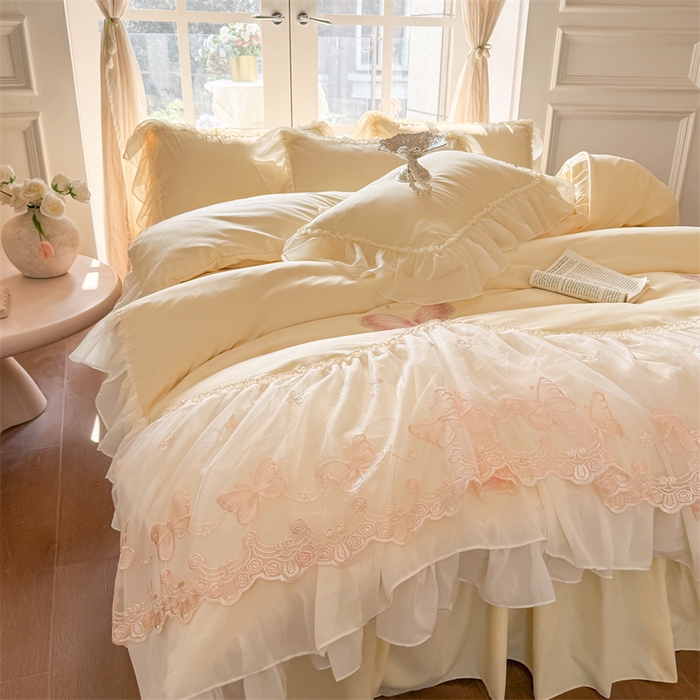 91家纺网 家纺一手货源 找家纺 富盛家纺 2026新款水洗亲肤棉雪纺蕾丝刺绣公主风韩版四件套-迷迭香 迷迭香—黄