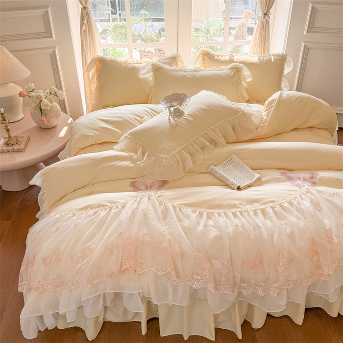 91家纺网 家纺一手货源 找家纺 富盛家纺 2026新款水洗亲肤棉雪纺蕾丝刺绣公主风韩版四件套-迷迭香 迷迭香—黄