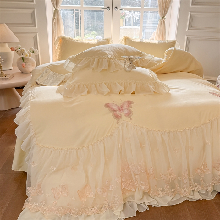 91家纺网 家纺一手货源 找家纺 富盛家纺 2026新款水洗亲肤棉雪纺蕾丝刺绣公主风韩版四件套-迷迭香 迷迭香—黄