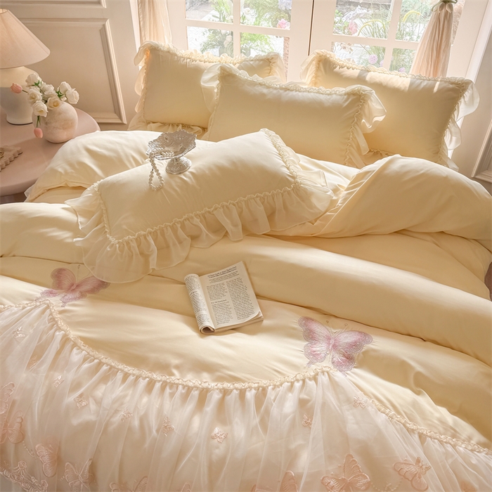 91家纺网 家纺一手货源 找家纺 富盛家纺 2026新款水洗亲肤棉雪纺蕾丝刺绣公主风韩版四件套-迷迭香 迷迭香—黄