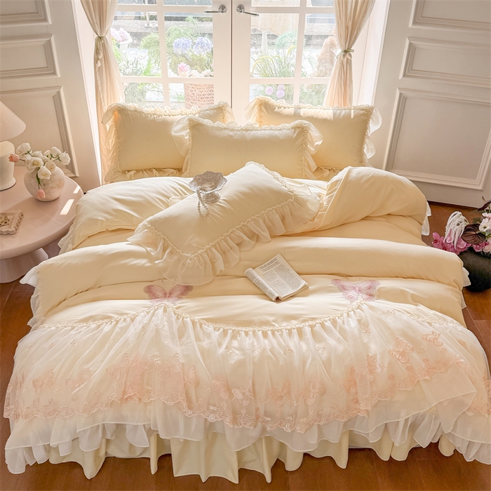 91家纺网 家纺一手货源 找家纺 富盛家纺 2026新款水洗亲肤棉雪纺蕾丝刺绣公主风韩版四件套-迷迭香 迷迭香—黄