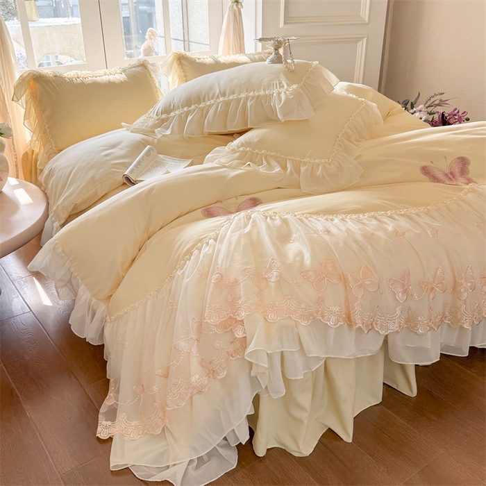 91家纺网 家纺一手货源 找家纺 富盛家纺 2026新款水洗亲肤棉雪纺蕾丝刺绣公主风韩版四件套-迷迭香 迷迭香—黄