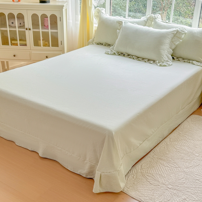 91家纺网 家纺一手货源 找家纺 赛丽雅 2026年新款直播爆款双层花边拼接蝴蝶结工艺款四件套床上用品 南法假日-仙草绿