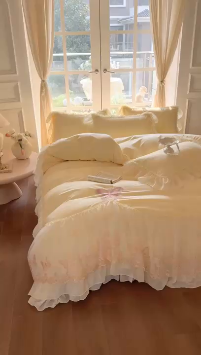 91家纺网 家纺一手货源 找家纺 富盛家纺 2026新款水洗亲肤棉雪纺蕾丝刺绣公主风韩版四件套-迷迭香 迷迭香—黄