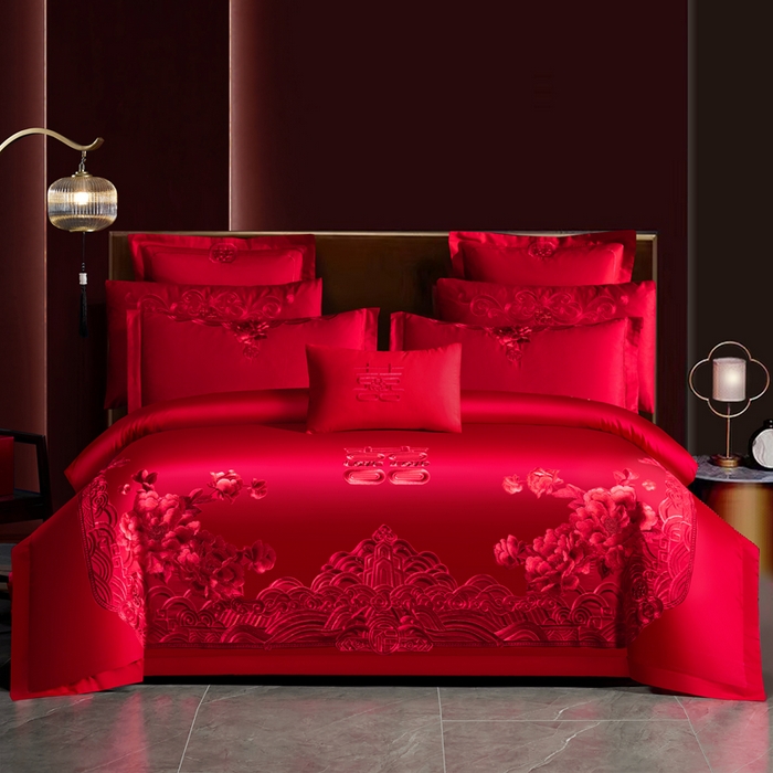 91家纺网 家纺一手货源 找家纺 （总）慕她家纺 2026年磨毛亲肤棉婚庆四件套大红色刺绣结床上用品