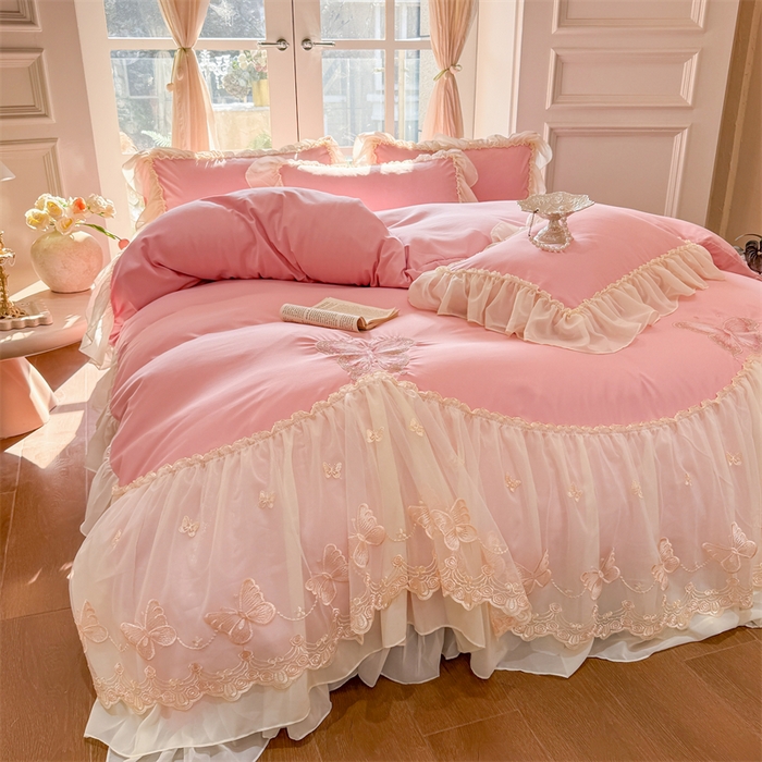 91家纺网 家纺一手货源 找家纺 富盛家纺 2026新款水洗亲肤棉雪纺蕾丝刺绣公主风韩版四件套-迷迭香 迷迭香—豆沙