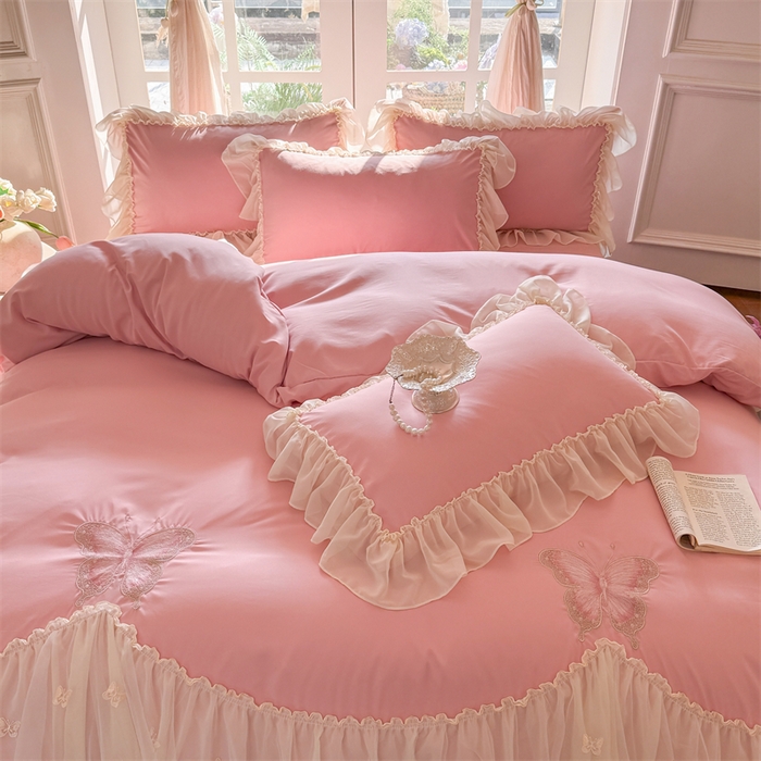 91家纺网 家纺一手货源 找家纺 富盛家纺 2026新款水洗亲肤棉雪纺蕾丝刺绣公主风韩版四件套-迷迭香 迷迭香—豆沙