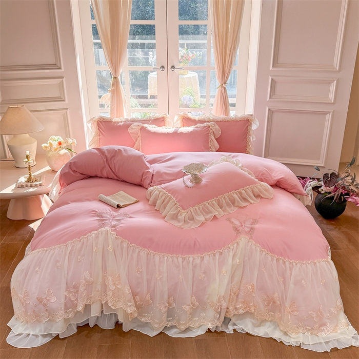 富盛家纺 2026新款水洗亲肤棉雪纺蕾丝刺绣公主风韩版四件套-迷迭香 迷迭香—豆沙