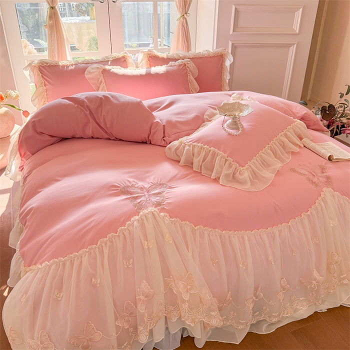 91家纺网 家纺一手货源 找家纺 富盛家纺 2026新款水洗亲肤棉雪纺蕾丝刺绣公主风韩版四件套-迷迭香 迷迭香—豆沙