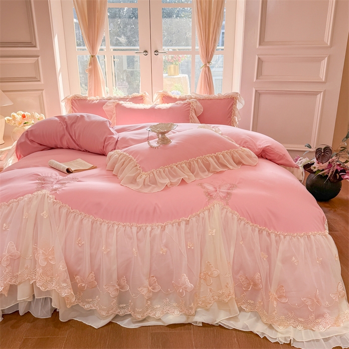 91家纺网 家纺一手货源 找家纺 富盛家纺 2026新款水洗亲肤棉雪纺蕾丝刺绣公主风韩版四件套-迷迭香 迷迭香—豆沙