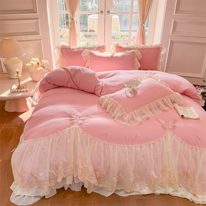 91家纺网 家纺一手货源 找家纺 富盛家纺 2026新款水洗亲肤棉雪纺蕾丝刺绣公主风韩版四件套-迷迭香 迷迭香—豆沙