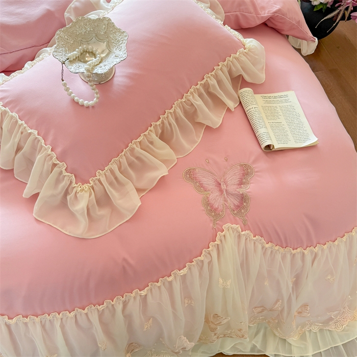 91家纺网 家纺一手货源 找家纺 富盛家纺 2026新款水洗亲肤棉雪纺蕾丝刺绣公主风韩版四件套-迷迭香 迷迭香—豆沙