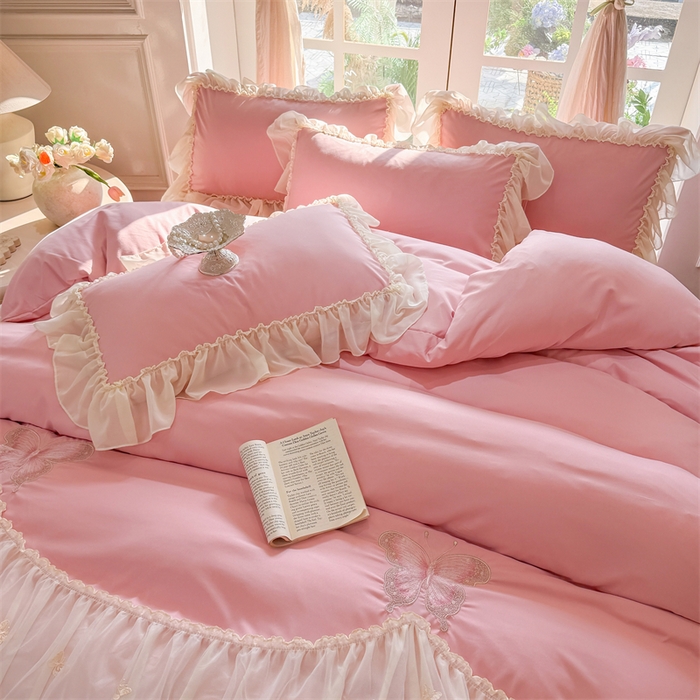 91家纺网 家纺一手货源 找家纺 富盛家纺 2026新款水洗亲肤棉雪纺蕾丝刺绣公主风韩版四件套-迷迭香 迷迭香—豆沙