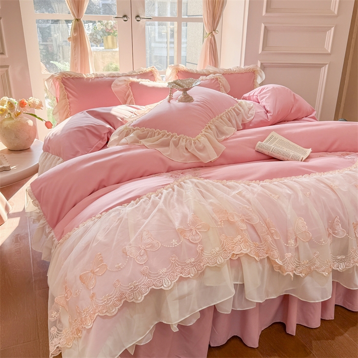 91家纺网 家纺一手货源 找家纺 富盛家纺 2026新款水洗亲肤棉雪纺蕾丝刺绣公主风韩版四件套-迷迭香 迷迭香—豆沙