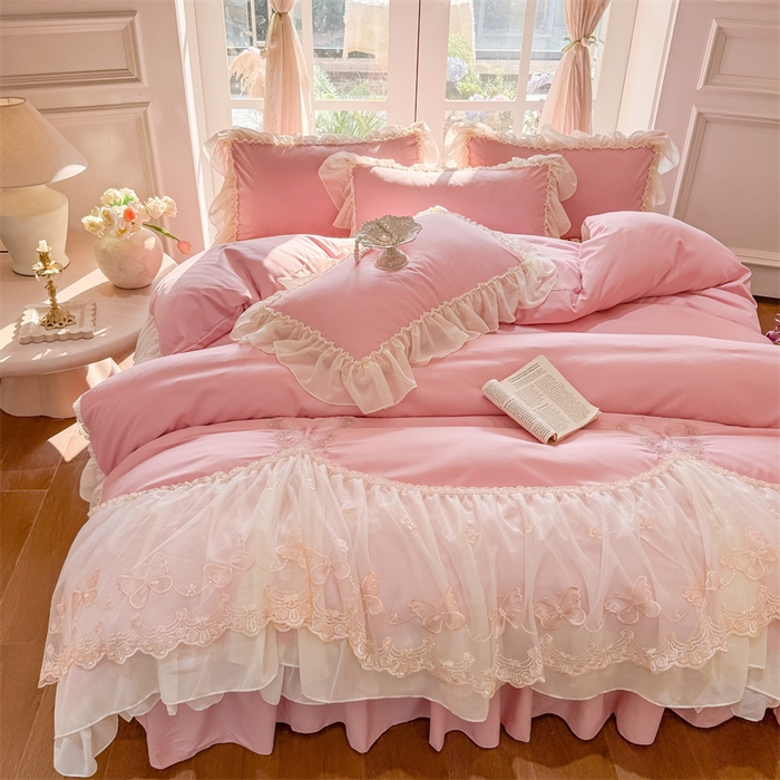 91家纺网 家纺一手货源 找家纺 富盛家纺 2026新款水洗亲肤棉雪纺蕾丝刺绣公主风韩版四件套-迷迭香 迷迭香—豆沙