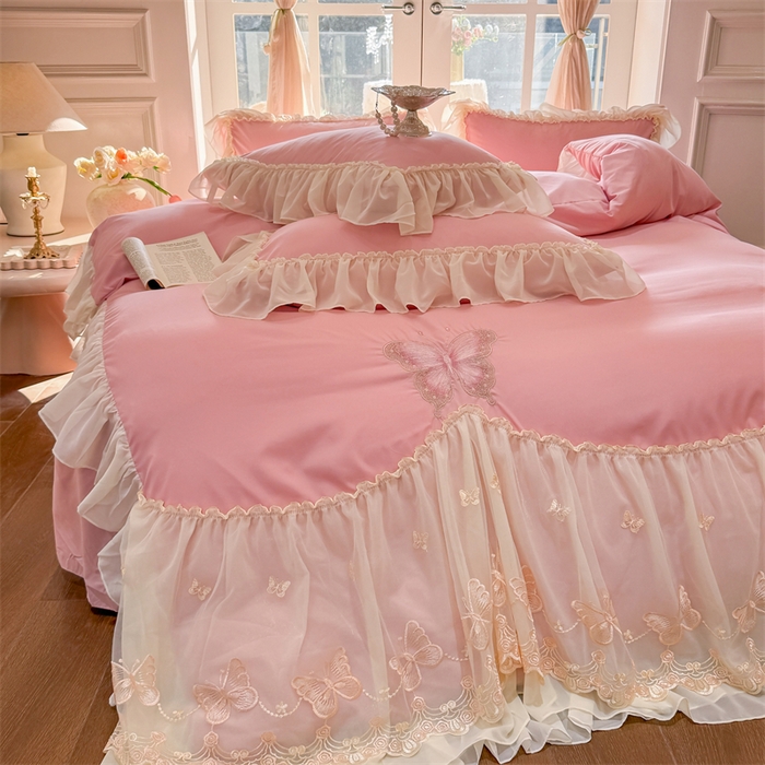 91家纺网 家纺一手货源 找家纺 富盛家纺 2026新款水洗亲肤棉雪纺蕾丝刺绣公主风韩版四件套-迷迭香 迷迭香—豆沙