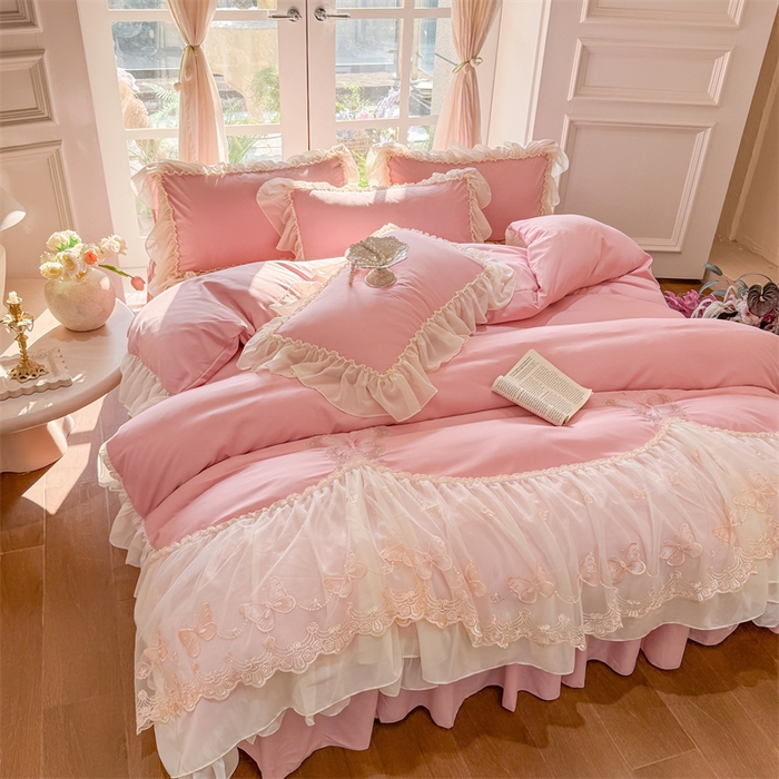 91家纺网 家纺一手货源 找家纺 富盛家纺 2026新款水洗亲肤棉雪纺蕾丝刺绣公主风韩版四件套-迷迭香 迷迭香—豆沙