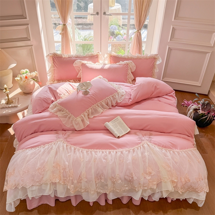 91家纺网 家纺一手货源 找家纺 富盛家纺 2026新款水洗亲肤棉雪纺蕾丝刺绣公主风韩版四件套-迷迭香 迷迭香—豆沙