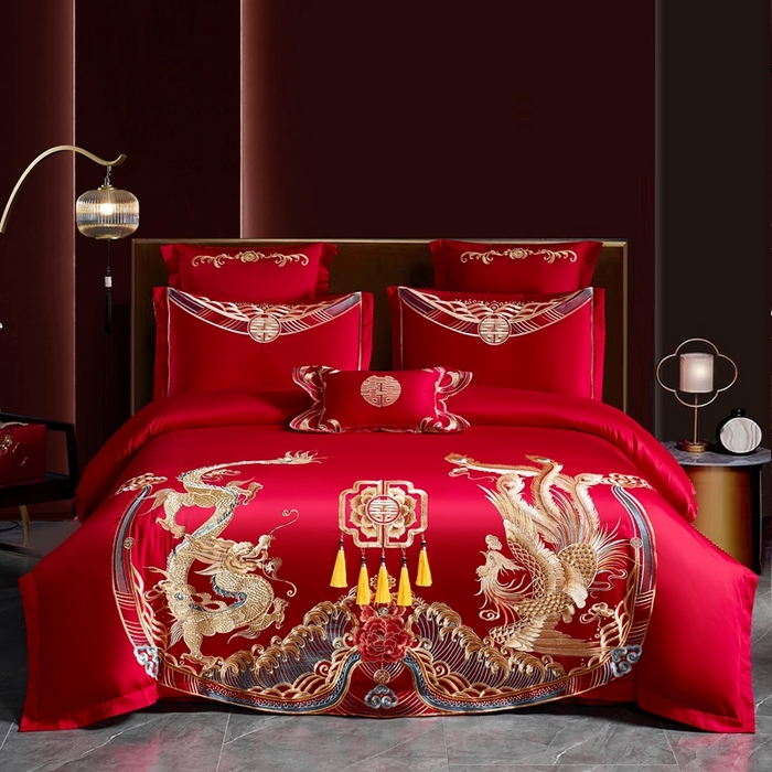 91家纺网 家纺一手货源 找家纺 （总）慕她家纺 2026年磨毛亲肤棉婚庆四件套大红色刺绣结床上用品