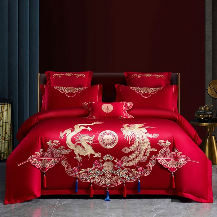 91家纺网 家纺一手货源 找家纺 （总）慕她家纺 2026年磨毛亲肤棉婚庆四件套大红色刺绣结床上用品