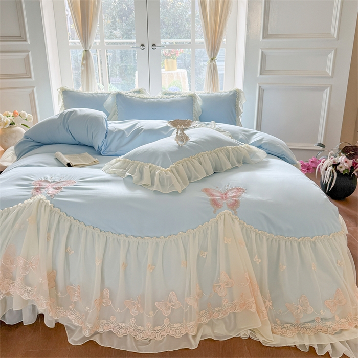 91家纺网 家纺一手货源 找家纺 富盛家纺 2026新款水洗亲肤棉雪纺蕾丝刺绣公主风韩版四件套-迷迭香 迷迭香—蓝