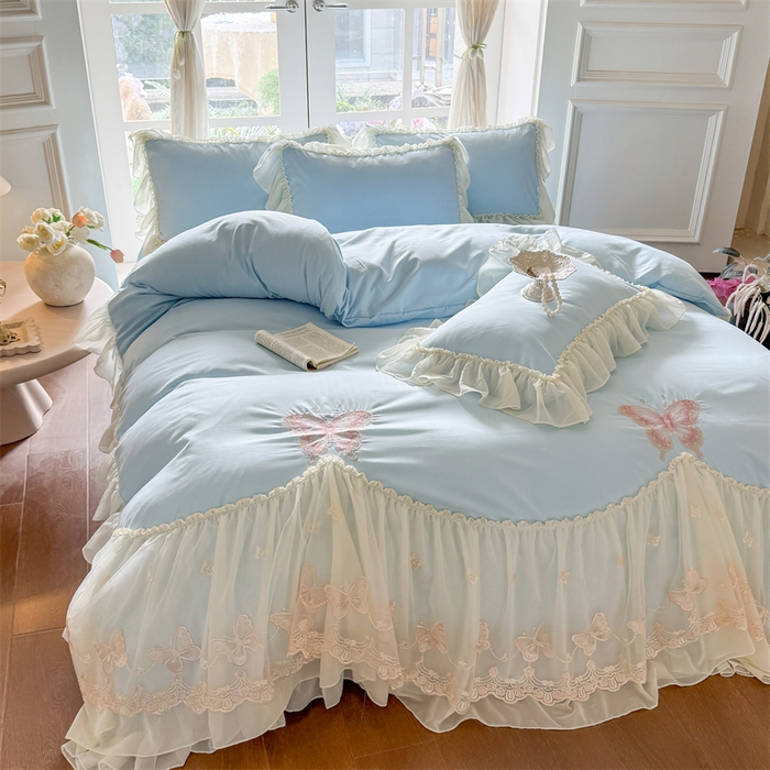 91家纺网 家纺一手货源 找家纺 富盛家纺 2026新款水洗亲肤棉雪纺蕾丝刺绣公主风韩版四件套-迷迭香 迷迭香—蓝