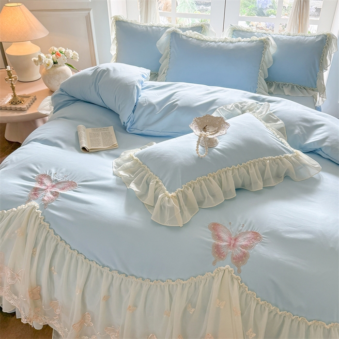 91家纺网 家纺一手货源 找家纺 富盛家纺 2026新款水洗亲肤棉雪纺蕾丝刺绣公主风韩版四件套-迷迭香 迷迭香—蓝